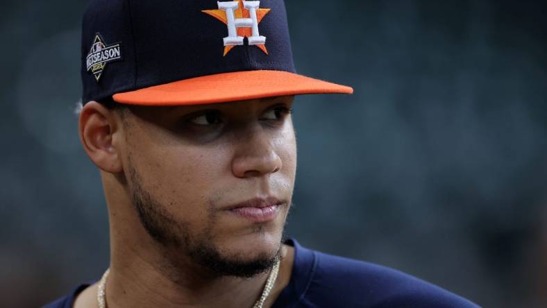 Oct 22, 2023; Houston, Texas, USA; Houston Astros relief pitcher Bryan Abreu (52) before game six of the ALCS for the 2023 MLB playoffs against the Texas Rangers at Minute Maid Park. Mandatory Credit: Erik Williams-USA TODAY Sports