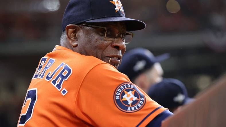 Oct 22, 2023; Houston, Texas, USA; Houston Astros manager Dusty Baker (12) in the first inning during game six of the ALCS for the 2023 MLB playoffs against the Texas Rangers at Minute Maid Park. Mandatory Credit: Troy Taormina-USA TODAY Sports