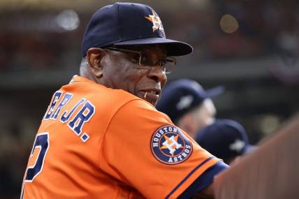 Oct 22, 2023; Houston, Texas, USA; Houston Astros manager Dusty Baker (12) in the first inning during game six of the ALCS for the 2023 MLB playoffs against the Texas Rangers at Minute Maid Park. Mandatory Credit: Troy Taormina-USA TODAY Sports