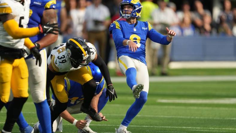 Oct 22, 2023; Inglewood, California, USA; Los Angeles Rams place kicker Brett Maher (8) reacts after a missed field goal in the second half against the Pittsburgh Steelers at SoFi Stadium. Mandatory Credit: Kirby Lee-USA TODAY Sports