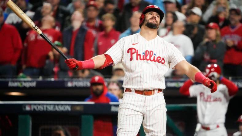 Philadelphia Phillies left fielder Kyle Schwarber (12) reacts to striking out during the fifth inning against the Arizona Diamondbacks in Game 6 of the NLCS at Citizens Bank Park on Oct. 23, 2023, in Philadelphia, PA. The Arizona Diamondbacks won Game 6 of the NLCS against the Philadelphia Phillies, 5-1.