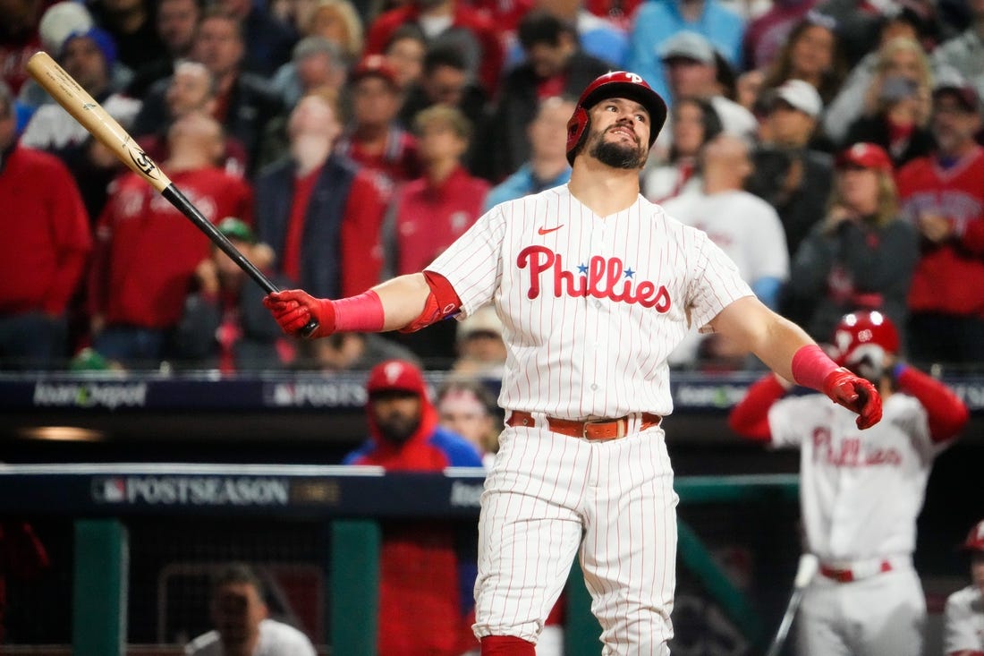 Philadelphia Phillies left fielder Kyle Schwarber (12) reacts to striking out during the fifth inning against the Arizona Diamondbacks in Game 6 of the NLCS at Citizens Bank Park on Oct. 23, 2023, in Philadelphia, PA. The Arizona Diamondbacks won Game 6 of the NLCS against the Philadelphia Phillies, 5-1.