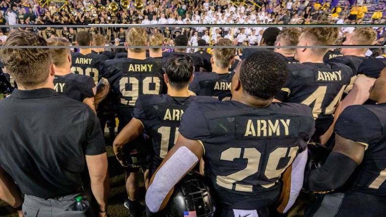 Oct 21, 2023; Baton Rouge, Louisiana, USA; Army Black Knights line up for the alma mater after a game against the LSU Tigers at Tiger Stadium. Mandatory Credit: Matthew Hinton-USA TODAY Sports