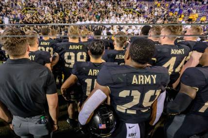 Oct 21, 2023; Baton Rouge, Louisiana, USA; Army Black Knights line up for the alma mater after a game against the LSU Tigers at Tiger Stadium. Mandatory Credit: Matthew Hinton-USA TODAY Sports