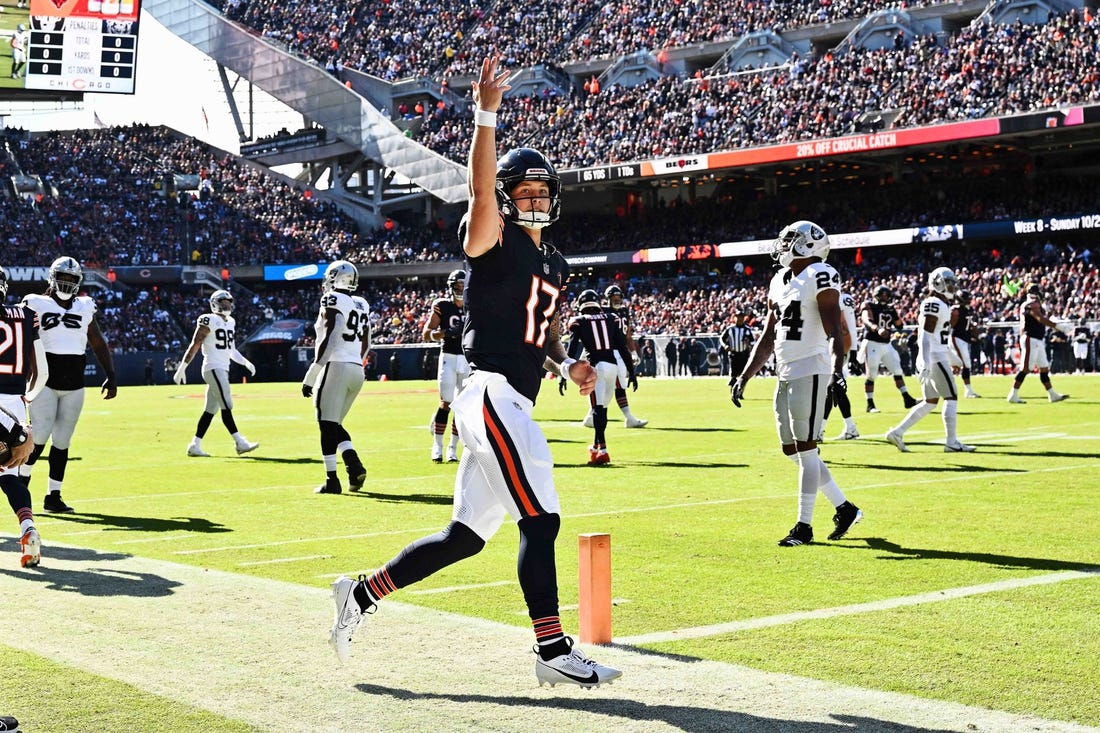 Oct 22, 2023; Chicago, Illinois, USA;  Chicago Bears quarterback Tyson Bagent (17) against the Las Vegas Raiders at Soldier Field. Mandatory Credit: Jamie Sabau-USA TODAY Sports