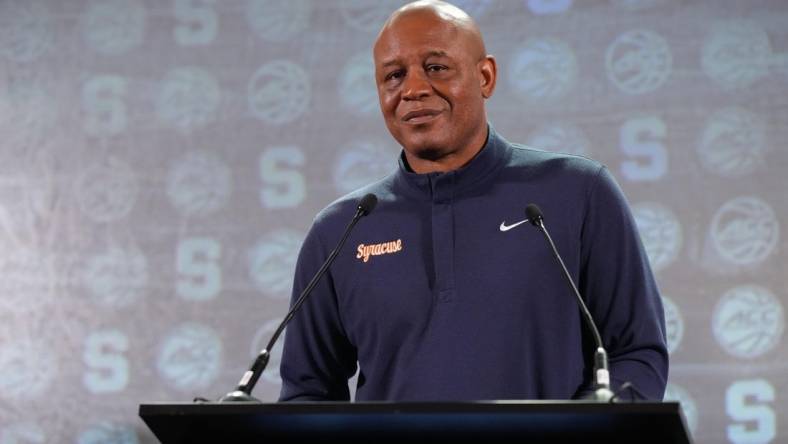 Oct 25, 2023; Charlotte, NC, USA;   Syracuse Orange head coach Adrian Autry  speaks to the media during the ACC Tipoff at Hilton Charlotte Uptown. Mandatory Credit: Jim Dedmon-USA TODAY Sports