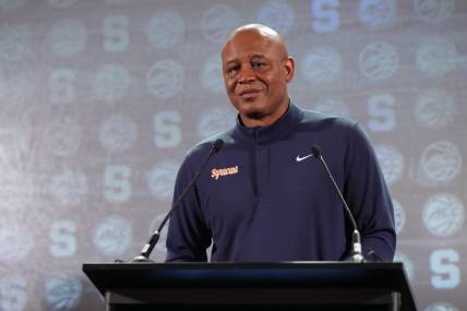 Oct 25, 2023; Charlotte, NC, USA;   Syracuse Orange head coach Adrian Autry  speaks to the media during the ACC Tipoff at Hilton Charlotte Uptown. Mandatory Credit: Jim Dedmon-USA TODAY Sports