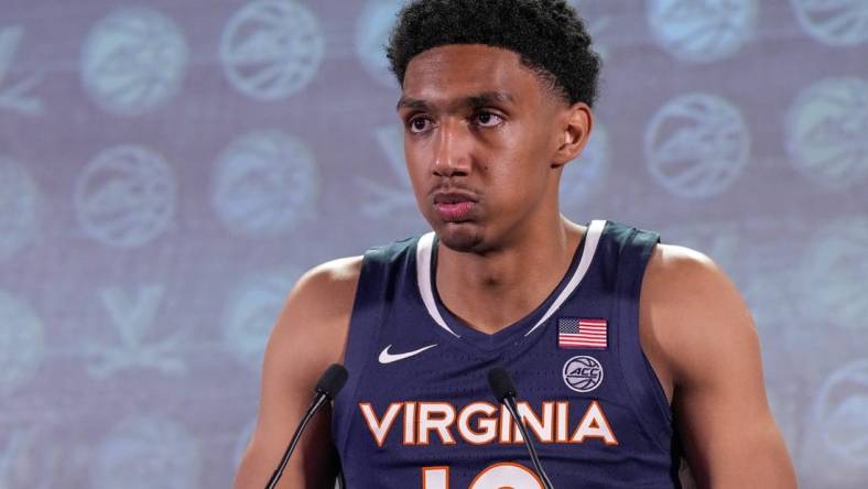 Oct 25, 2023; Charlotte, NC, USA;  Virginia Cavaliers player Reece Beekman speaks to the media during the ACC Tipoff at Hilton Charlotte Uptown. Mandatory Credit: Jim Dedmon-USA TODAY Sports