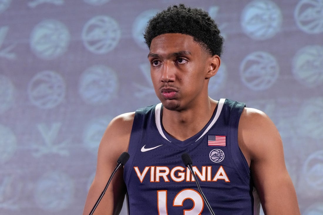 Oct 25, 2023; Charlotte, NC, USA;  Virginia Cavaliers player Reece Beekman speaks to the media during the ACC Tipoff at Hilton Charlotte Uptown. Mandatory Credit: Jim Dedmon-USA TODAY Sports