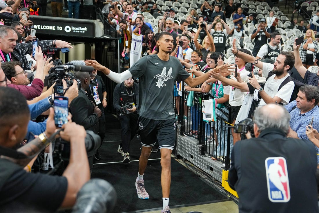 Oct 25, 2023; San Antonio, Texas, USA; San Antonio Spurs center Victor Wembanyama (1) enters the court before the game against the Dallas Mavericks at the Frost Bank Center. Mandatory Credit: Daniel Dunn-USA TODAY Sports