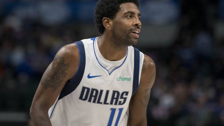 Oct 20, 2023; Dallas, Texas, USA; Dallas Mavericks guard Kyrie Irving (11) in action during the game between the Dallas Mavericks and the Detroit Pistons at the American Airlines Center. Mandatory Credit: Jerome Miron-USA TODAY Sports