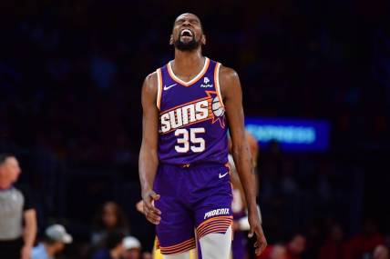 Oct 26, 2023; Los Angeles, California, USA; Phoenix Suns forward Kevin Durant (35) reacts after a turnover against the Los Angeles Lakers during the second half at Crypto.com Arena. Mandatory Credit: Gary A. Vasquez-USA TODAY Sports