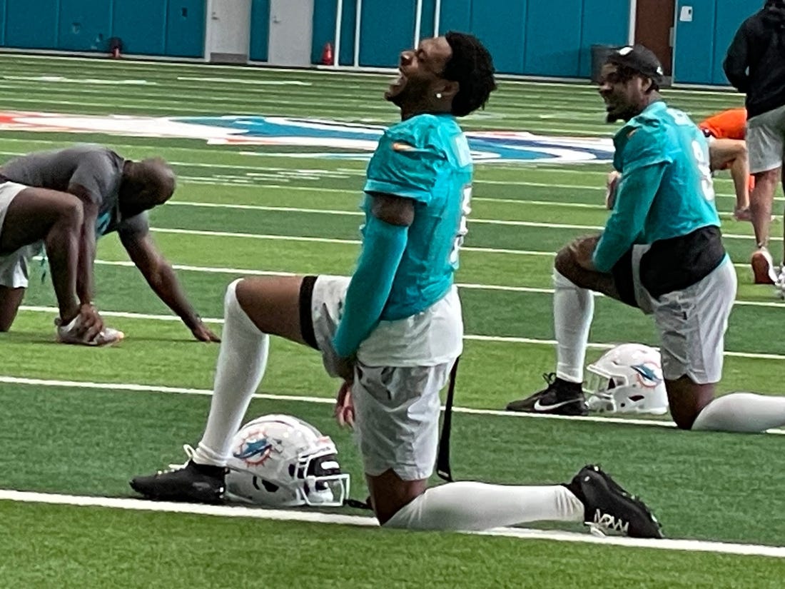 Cornerback Jalen Ramsey is all smiles as he begins workouts with the Dolphins after recovering from knee surgery.