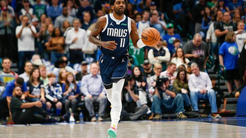 Oct 27, 2023; Dallas, Texas, USA; Dallas Mavericks guard Kyrie Irving (11) brings the ball up the court during the first quarter against the Brooklyn Nets at American Airlines Center. Mandatory Credit: Andrew Dieb-USA TODAY Sports