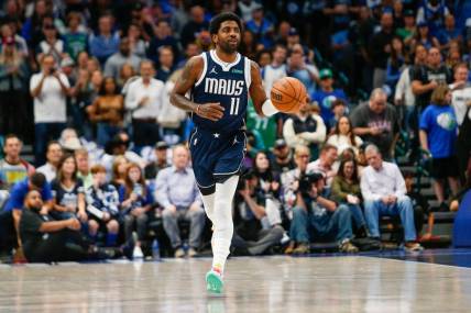 Oct 27, 2023; Dallas, Texas, USA; Dallas Mavericks guard Kyrie Irving (11) brings the ball up the court during the first quarter against the Brooklyn Nets at American Airlines Center. Mandatory Credit: Andrew Dieb-USA TODAY Sports