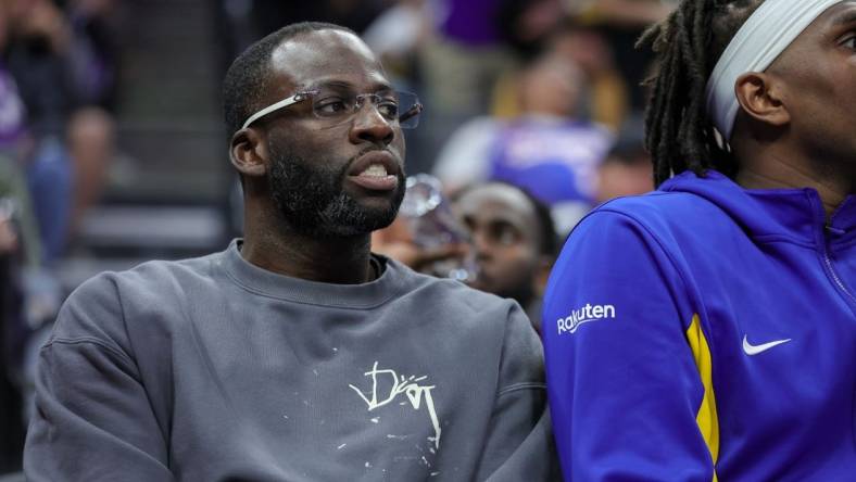 Oct 27, 2023; Sacramento, California, USA; Golden State Warriors forward Draymond Green (23) looks on from the bench during the fourth quarter against the Sacramento Kings at Golden 1 Center. Mandatory Credit: Sergio Estrada-USA TODAY Sports