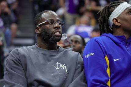 Oct 27, 2023; Sacramento, California, USA; Golden State Warriors forward Draymond Green (23) looks on from the bench during the fourth quarter against the Sacramento Kings at Golden 1 Center. Mandatory Credit: Sergio Estrada-USA TODAY Sports