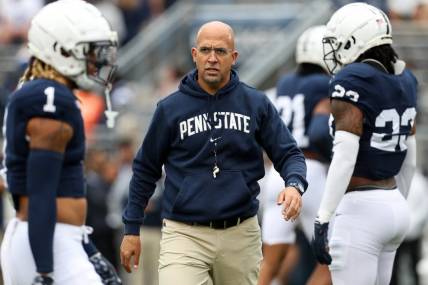 Oct 28, 2023; University Park, Pennsylvania, USA; Penn State Nittany Lions head coach James Franklin walks on the field during warmups before the game against the Indiana Hoosiers at Beaver Stadium. Mandatory Credit: Matthew O'Haren-USA TODAY Sports