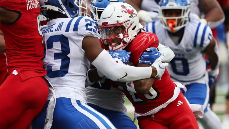 U of L's Jawhar Jordan (25) barreled his way through the Duke defense to score their first touchdown at the L&N Stadium in Louisville, Ky. on Oct. 28, 2023.