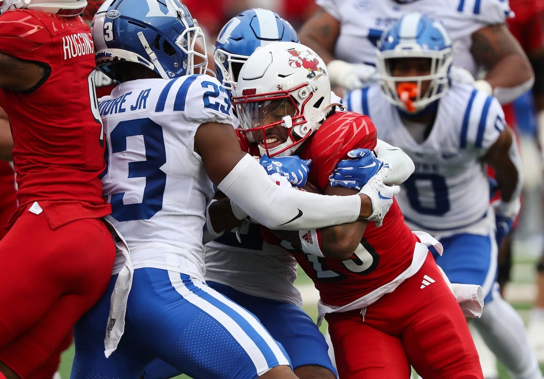 U of L's Jawhar Jordan (25) barreled his way through the Duke defense to score their first touchdown at the L&N Stadium in Louisville, Ky. on Oct. 28, 2023.