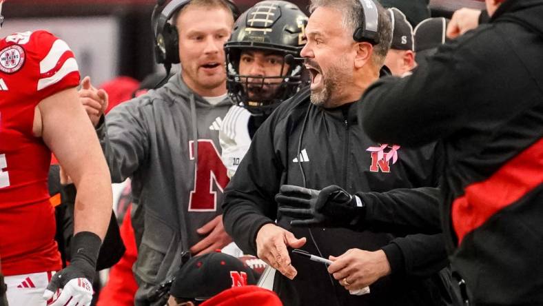 Oct 28, 2023; Lincoln, Nebraska, USA; Nebraska Cornhuskers head coach Matt Rhule reacts after a fourth down stop against the Purdue Boilermakers during the fourth quarter at Memorial Stadium. Mandatory Credit: Dylan Widger-USA TODAY Sports