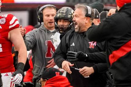 Oct 28, 2023; Lincoln, Nebraska, USA; Nebraska Cornhuskers head coach Matt Rhule reacts after a fourth down stop against the Purdue Boilermakers during the fourth quarter at Memorial Stadium. Mandatory Credit: Dylan Widger-USA TODAY Sports