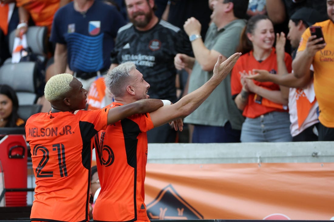 Oct 29, 2023; Houston, TX, USA; Houston Dynamo midfielder Hector Herrera (16) reacts after scoring a goal against Real Salt Lake game one in a round one match of the 2023 MLS Cup Playoffs at Shell Energy Stadium. Mandatory Credit: Thomas Shea-USA TODAY Sports