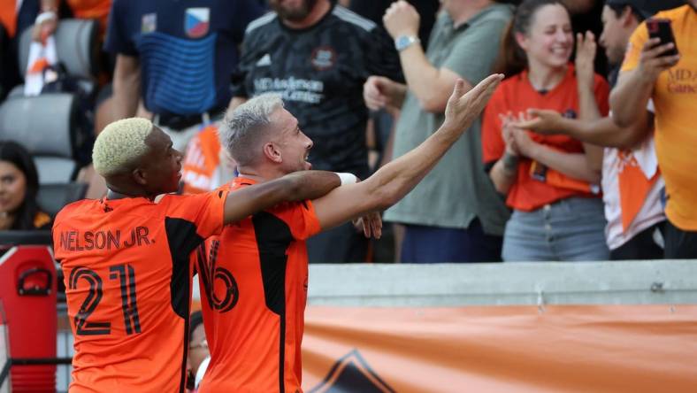 Oct 29, 2023; Houston, TX, USA; Houston Dynamo midfielder Hector Herrera (16) reacts after scoring a goal against Real Salt Lake game one in a round one match of the 2023 MLS Cup Playoffs at Shell Energy Stadium. Mandatory Credit: Thomas Shea-USA TODAY Sports