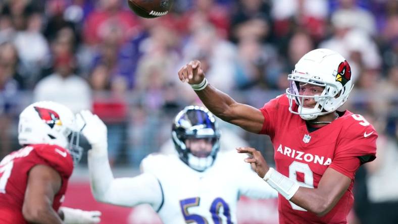 Oct 29, 2023; Glendale, Arizona, USA; Arizona Cardinals quarterback Joshua Dobbs (9) throws against the Baltimore Ravens during the second half at State Farm Stadium. Mandatory Credit: Joe Camporeale-USA TODAY Sports