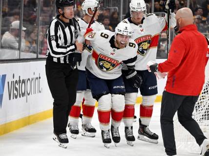 Oct 30, 2023; Boston, Massachusetts, USA; Florida Panthers center Sam Bennett (9) is helped off of the ice during the second period of a game against the Boston Bruins at the TD Garden. Mandatory Credit: Brian Fluharty-USA TODAY Sports