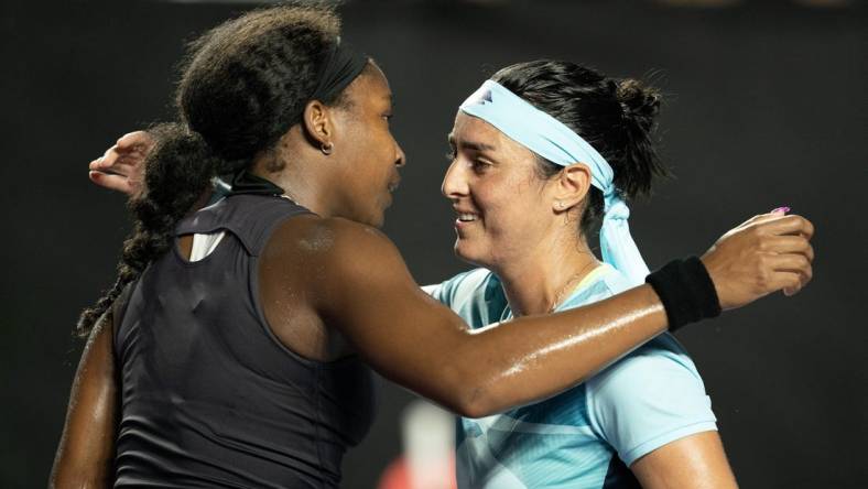 Oct 30, 2023; Cancun, Mexico;  Coco Gauff (USA) and Ons Jabeur (TUN) hug at the net after their match on day two of the GNP Saguaros WTA Finals Cancun. Mandatory Credit: Susan Mullane-USA TODAY Sports