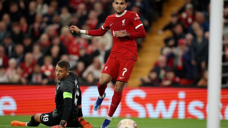 Europa League - Group E - Liverpool v Union Saint-Gilloise - Anfield, Liverpool, Britain - October 5, 2023 Liverpool's Luis Diaz in action with Union Saint-Gilloise's Anthony Moris.