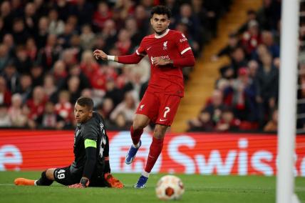 Europa League - Group E - Liverpool v Union Saint-Gilloise - Anfield, Liverpool, Britain - October 5, 2023 Liverpool's Luis Diaz in action with Union Saint-Gilloise's Anthony Moris.