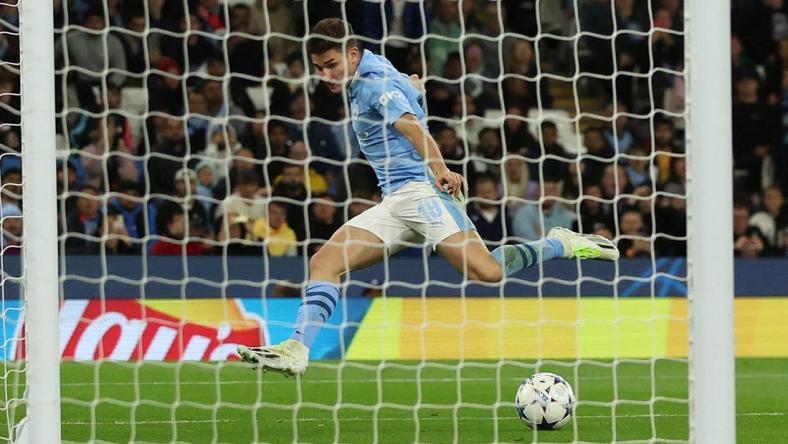 Soccer Football - Champions League - Group G - Manchester City v Crvena Zvezda - Etihad Stadium, Manchester, Britain - September 19, 2023 Manchester City's Julian Alvarez scores their first goal