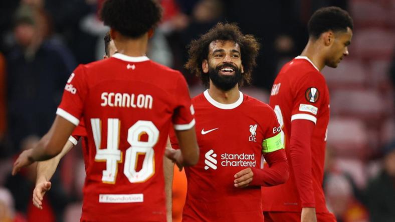 October 26, 2023 Liverpool's Mohamed Salah celebrates scoring their fifth goal against Toulouse in Europa League action.