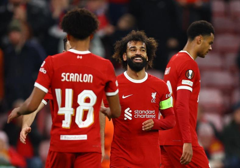 October 26, 2023 Liverpool's Mohamed Salah celebrates scoring their fifth goal against Toulouse in Europa League action.