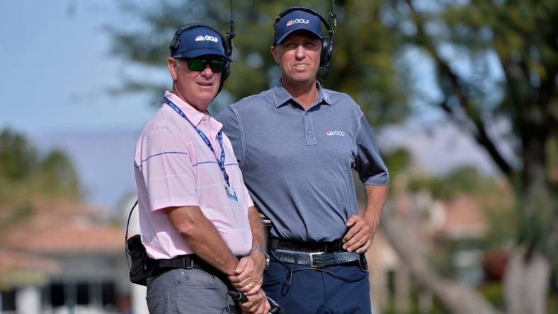 Jan 19, 2020; La Quinta, California, USA; Golf Channel on-course reporters Curt Byrum (L) and Jim MacKay look on during the final round of The American Express golf tournament at Stadium course at PGA West. Mandatory Credit: Orlando Ramirez-USA TODAY Sports