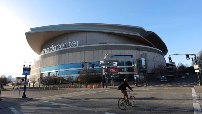 Mar 12, 2020; Portland, Oregon, USA;  An outside view of the Moda Center where the Portland Trail Blazers and the Memphis Grizzlies game was cancelled due to the COVID-19 virus.Mandatory Credit: Jaime Valdez-USA TODAY Sports