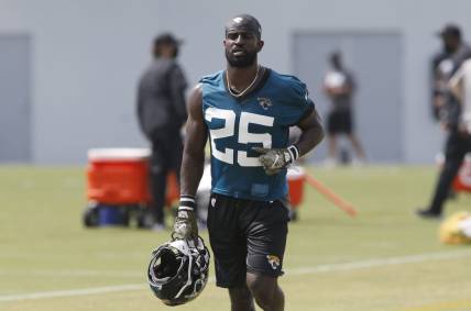 Aug 16, 2020; Jacksonville, Florida, United States;  Jacksonville Jaguars corner back D.J. Hayden (25) walks down the field  during training camp drills at the Dream Finders Homes training facility. Mandatory Credit: Reinhold Matay-USA TODAY Sports