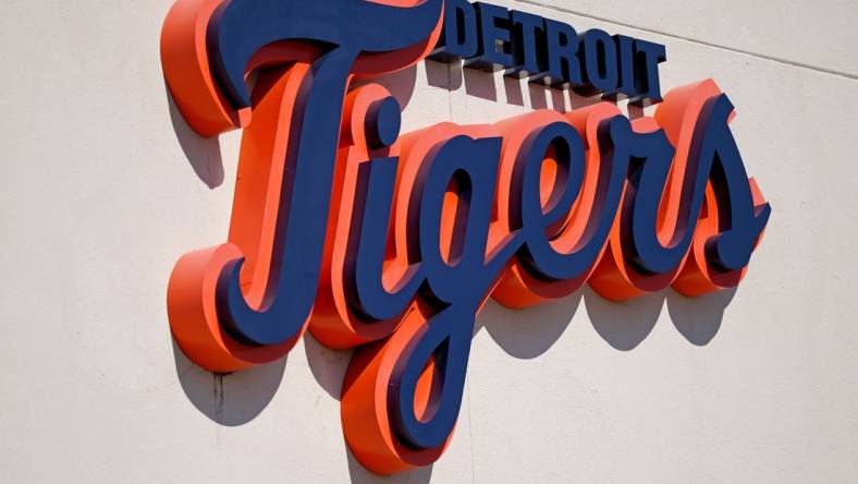 Mar 7, 2021; Lakeland, Florida, USA; A general view of the Detroit Tigers script logo on the building at Publix Field at Joker Marchant Stadium during the spring training game between the Detroit Tigers and the Toronto Blue Jays. Mandatory Credit: Jasen Vinlove-USA TODAY Sports