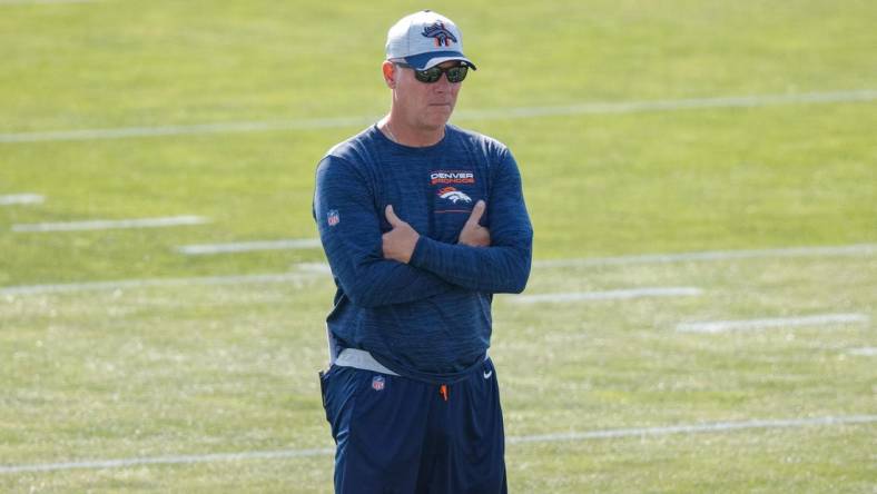 Jul 28, 2021; Englewood, CO, United States; Denver Broncos offensive coordinator Pat Shurmur looks on during training camp at UCHealth Training Complex. Mandatory Credit: Isaiah J. Downing-USA TODAY Sports