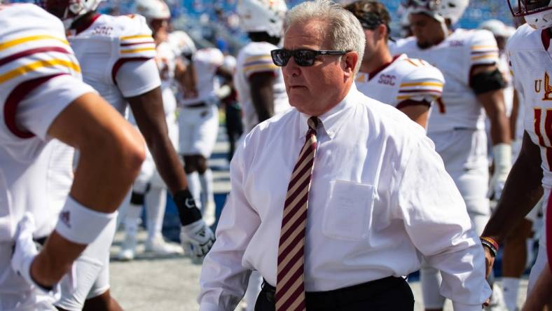 Sep 4, 2021; Lexington, Kentucky, USA; Louisiana Monroe Warhawks head coach Terry Bowden walks with his team before the game against the Kentucky Wildcats at Kroger Field. Mandatory Credit: Jordan Prather-USA TODAY Sports