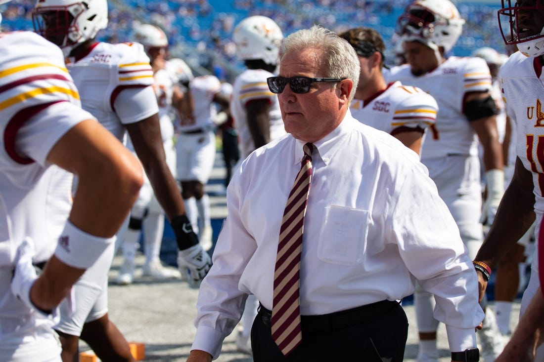 Sep 4, 2021; Lexington, Kentucky, USA; Louisiana Monroe Warhawks head coach Terry Bowden walks with his team before the game against the Kentucky Wildcats at Kroger Field. Mandatory Credit: Jordan Prather-USA TODAY Sports