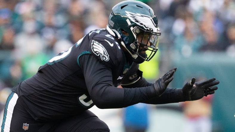 Nov 21, 2021; Philadelphia, Pennsylvania, USA; Philadelphia Eagles defensive end Derek Barnett (96) in action against the New Orleans Saints at Lincoln Financial Field. Mandatory Credit: Bill Streicher-USA TODAY Sports