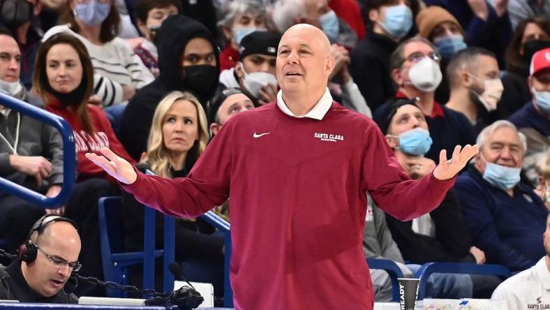 Feb 19, 2022; Spokane, Washington, USA; Santa Clara Broncos head coach Herb Sendek reacts after a foul against the Broncos during a game against the Gonzaga Bulldogs in the second half at McCarthey Athletic Center. Gonzaga won 81-69. Mandatory Credit: James Snook-USA TODAY Sports