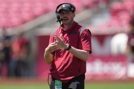Apr 23, 2022; Los Angeles, CA, USA; Southern California Trojans defensive coordinator Alex Grinch during the spring game at the Los Angeles Memorial Coliseum. Mandatory Credit: Kirby Lee-USA TODAY Sports