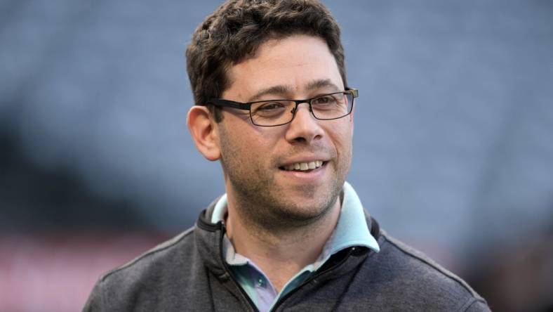 May 9, 2022; Anaheim, California, USA; Tampa Bay Rays general manager Peter Bendix before the game against the Los Angeles Angels at Angel Stadium. Mandatory Credit: Kirby Lee-USA TODAY Sports