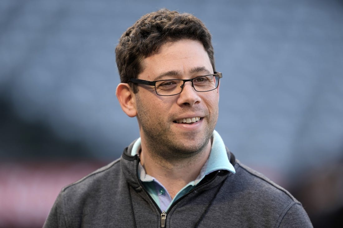 May 9, 2022; Anaheim, California, USA; Tampa Bay Rays general manager Peter Bendix before the game against the Los Angeles Angels at Angel Stadium. Mandatory Credit: Kirby Lee-USA TODAY Sports