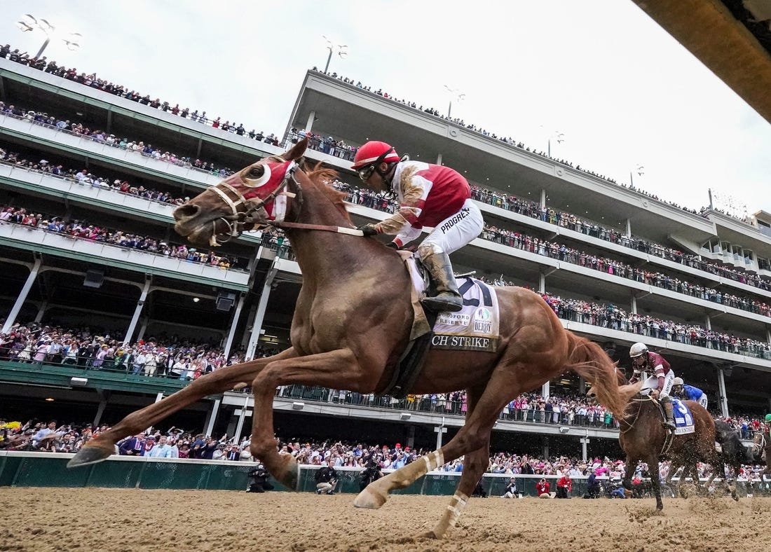 Rich Strike, with Sonny Leon up, runs down the field to win the 148th running of the Kentucky Derby on Saturday, May 7, 2022

Derbymsc18
