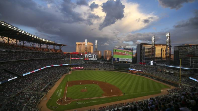 May 13, 2022; Atlanta, Georgia, USA; General view of Truist Park during the fourth inning of a game between the Atlanta Braves and San Diego Padres. Mandatory Credit: Brett Davis-USA TODAY Sports